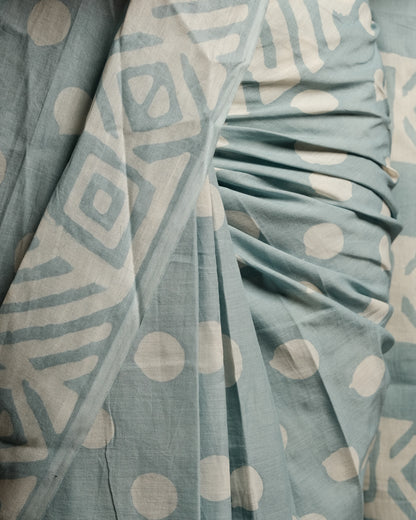 Grey Polka Dot Handblock Print Mul Cotton Saree