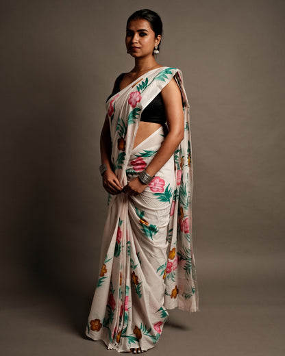 Sea Salt Floral Handblock Print Mul Cotton Saree