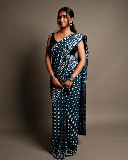 Indigo Polka Dot Handblock Print Mul Cotton Saree