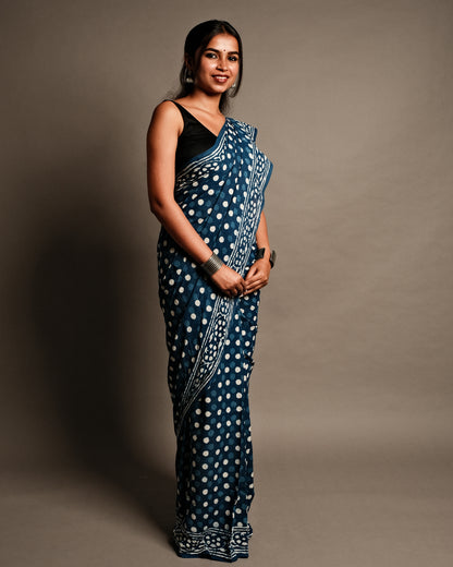 Indigo Polka Dot Handblock Print Mul Cotton Saree