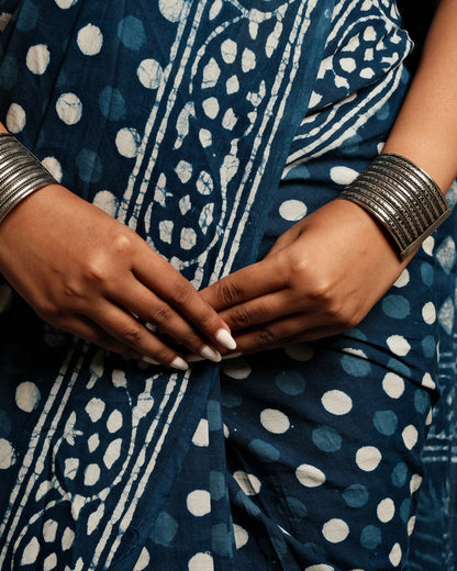 Indigo Polka Dot Handblock Print Mul Cotton Saree