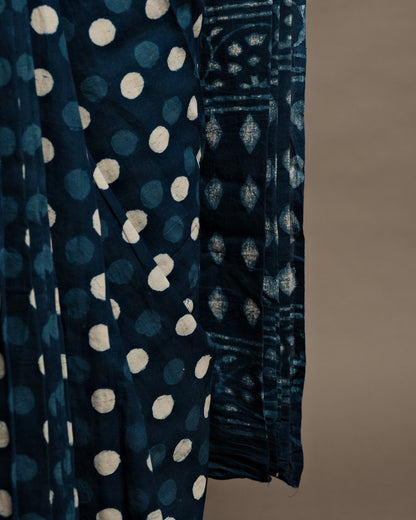 Indigo Polka Dot Handblock Print Mul Cotton Saree