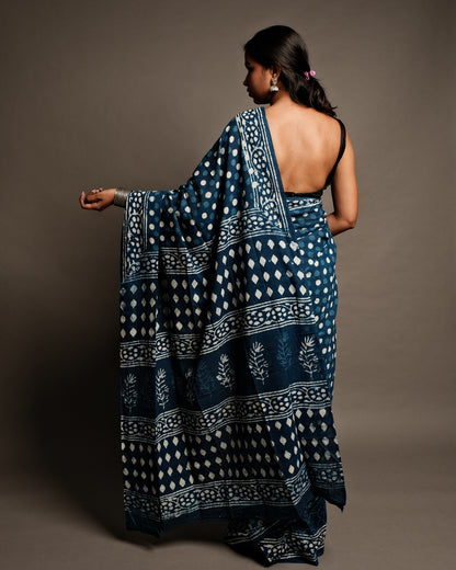 Indigo Polka Dot Handblock Print Mul Cotton Saree