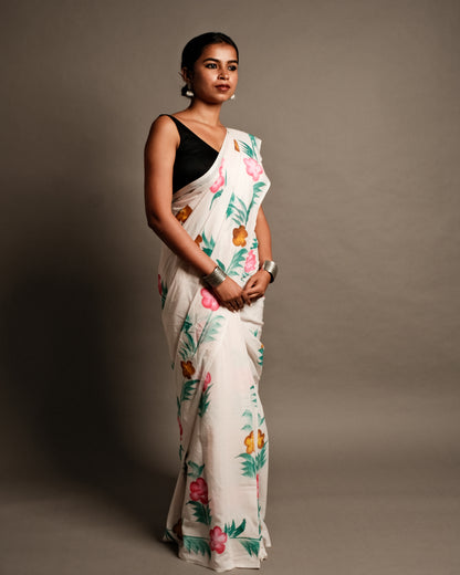 Sea Salt Floral Handblock Print Mul Cotton Saree