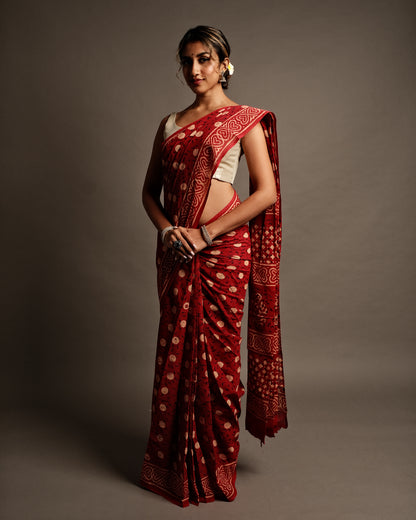 Chilly Red  Polka Dot Handblock Print Mul Cotton Saree