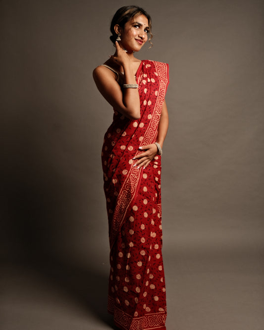 Chilly Red  Polka Dot Handblock Print Mul Cotton Saree