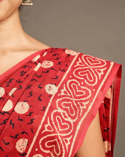 Chilly Red  Polka Dot Handblock Print Mul Cotton Saree