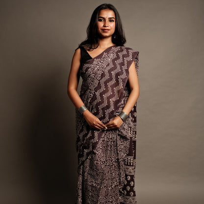 Wine Aesthetic Handblock Print Mul Cotton Saree