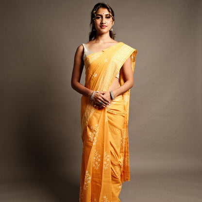 Sunny Yellow Floral Handblock Print Mul Cotton Saree