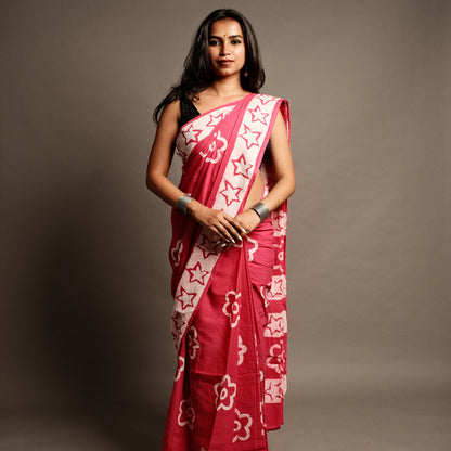 Pink Star Handblock Print Mul Cotton Saree