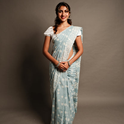 Grey Polka Dot Handblock Print Mul Cotton Saree