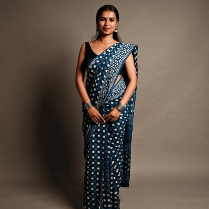 Indigo Polka Dot Handblock Print Mul Cotton Saree