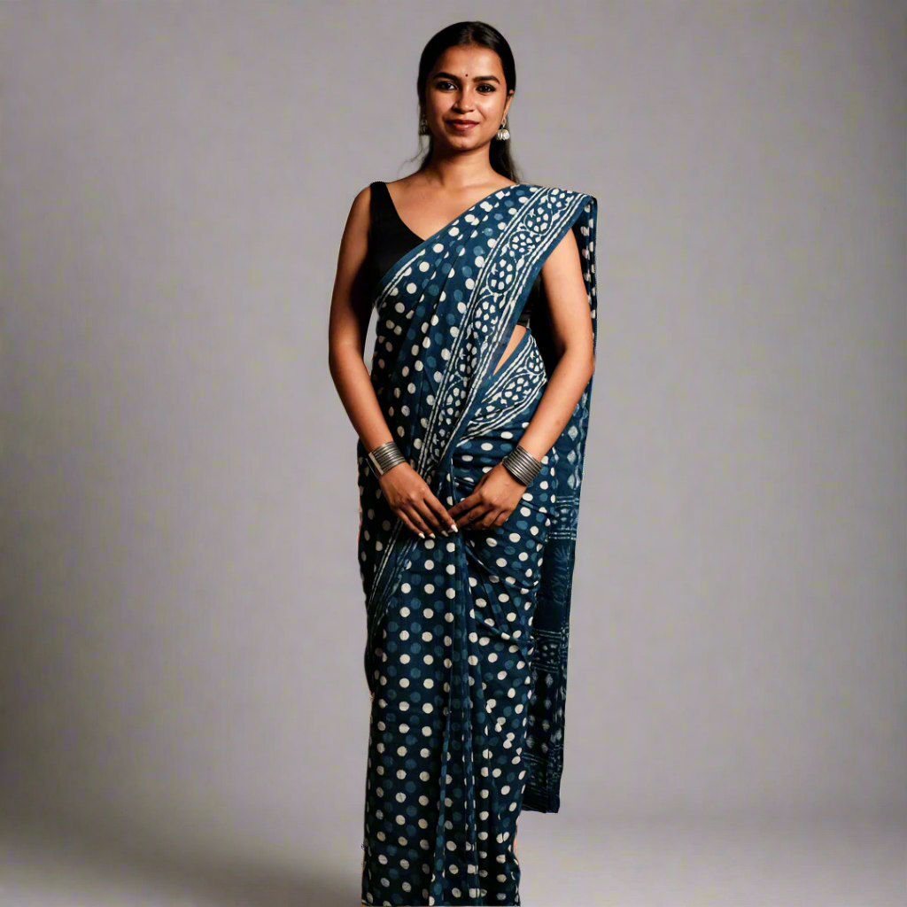 Indigo Polka Dot Handblock Print Mul Cotton Saree