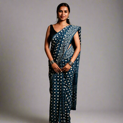 Indigo Polka Dot Handblock Print Mul Cotton Saree