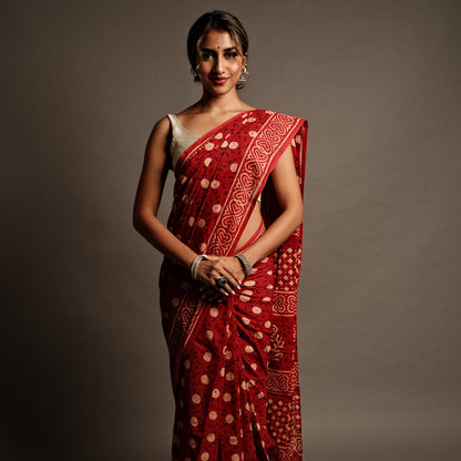 Chilly Red  Polka Dot Handblock Print Mul Cotton Saree