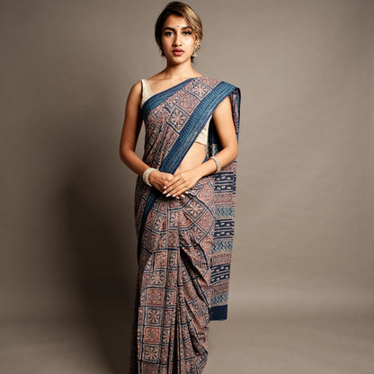 Indigo Athangudi  Ajrakh  Handblock Print Mul Cotton Saree