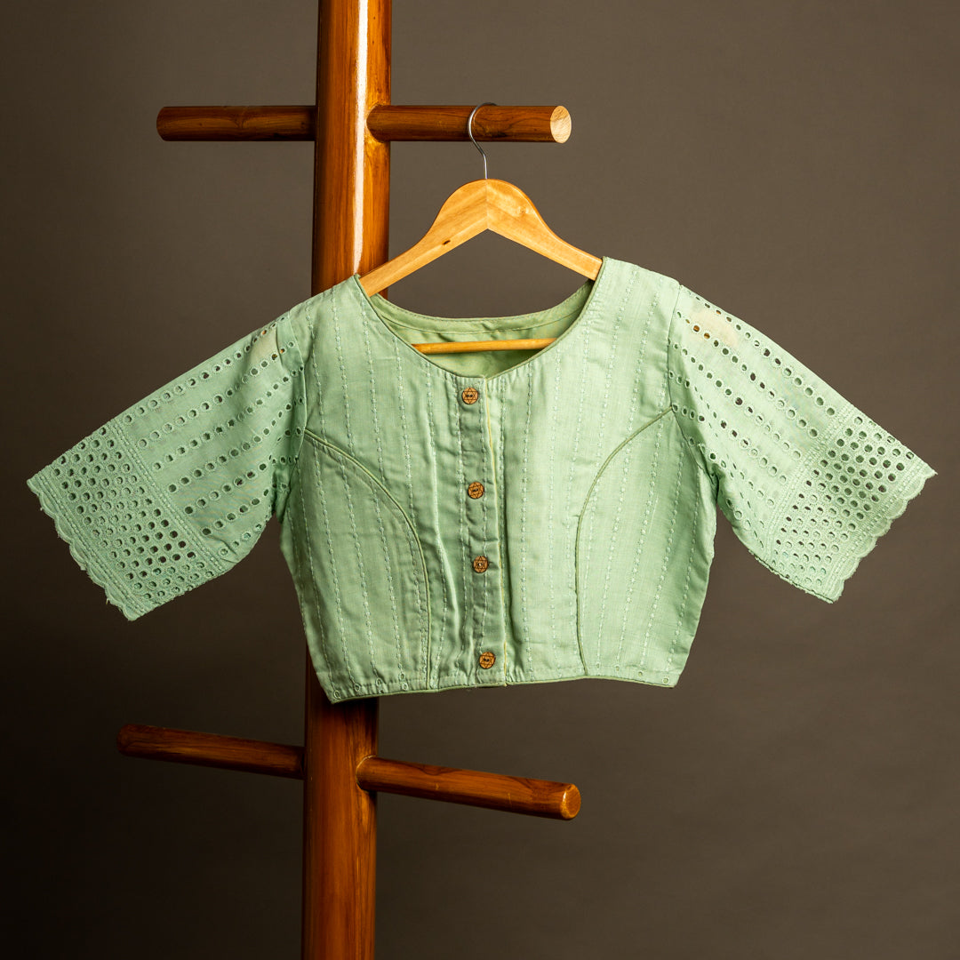 Mint Green Hakoba Round Neck Readymade Cotton Blouse