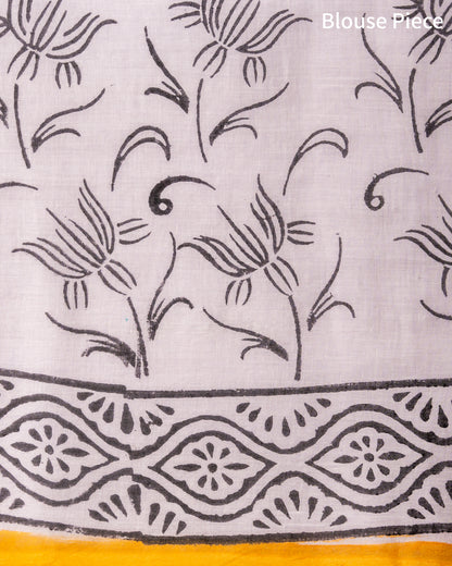 White Floral Half & Half Handblock Print Mul Cotton Saree