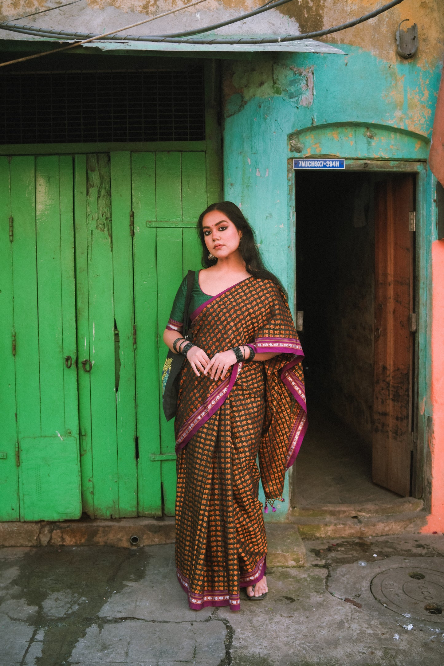 Vamika Green Yellow Hathi Mor Cotton Saree