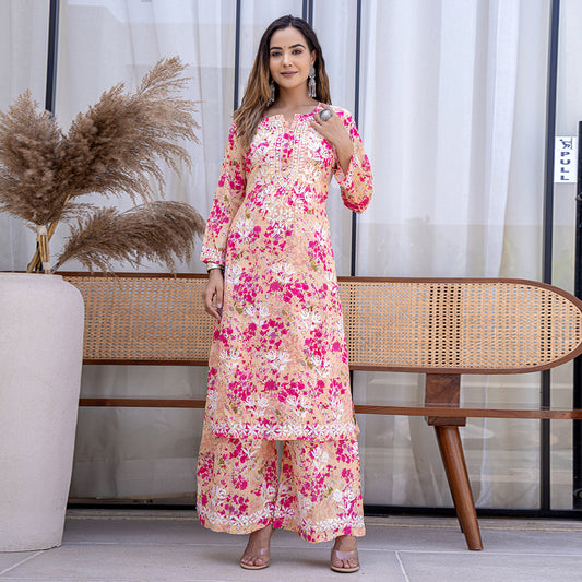 Pink Printed Hand-Chikankari  Cotton Co-ord  Set