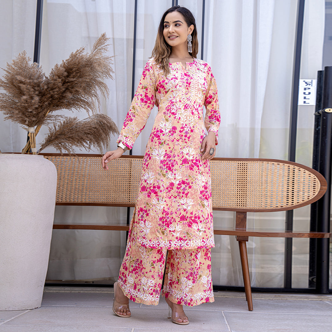 Pink Printed Hand-Chikankari  Cotton Co-ord  Set