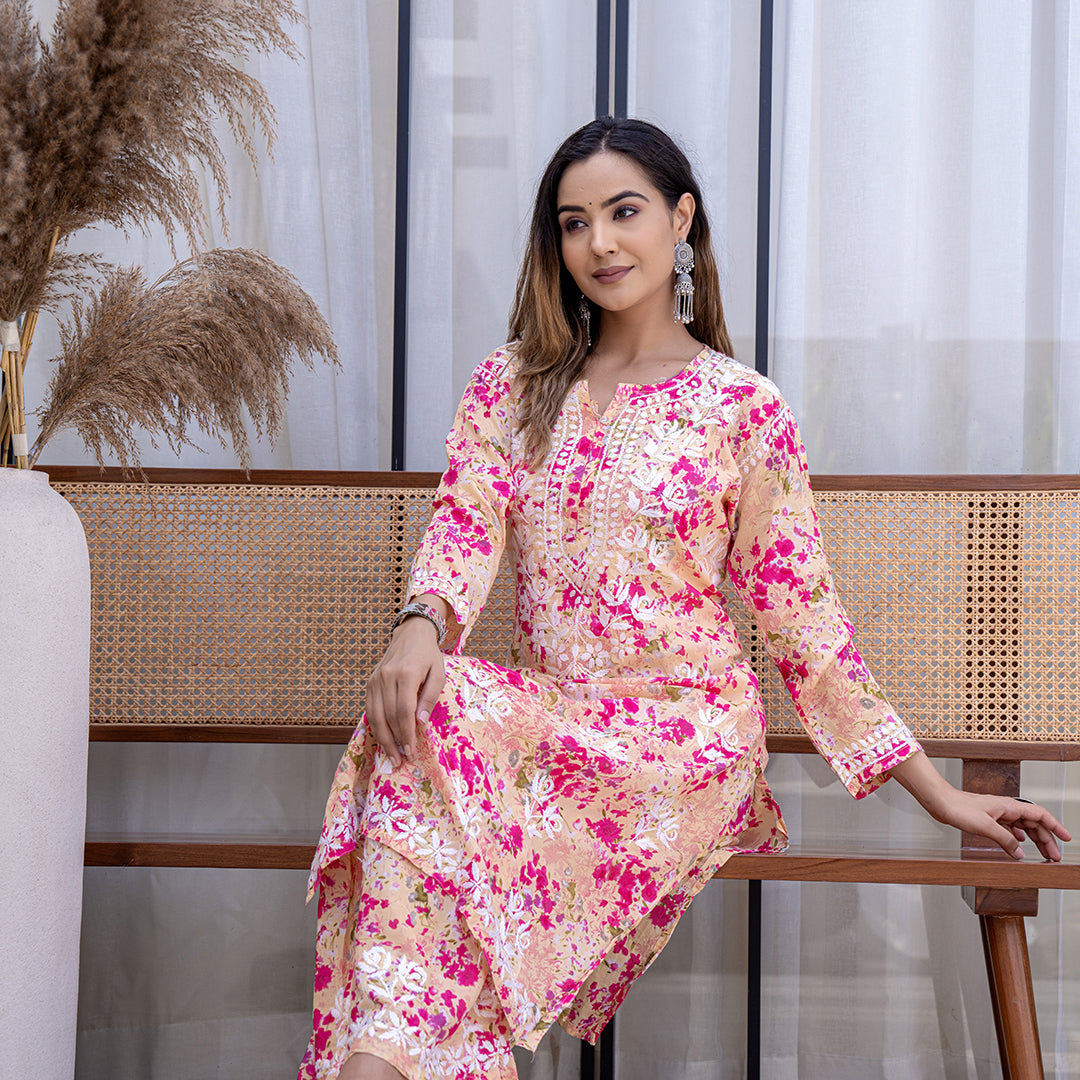 Pink Printed Hand-Chikankari  Cotton Co-ord  Set