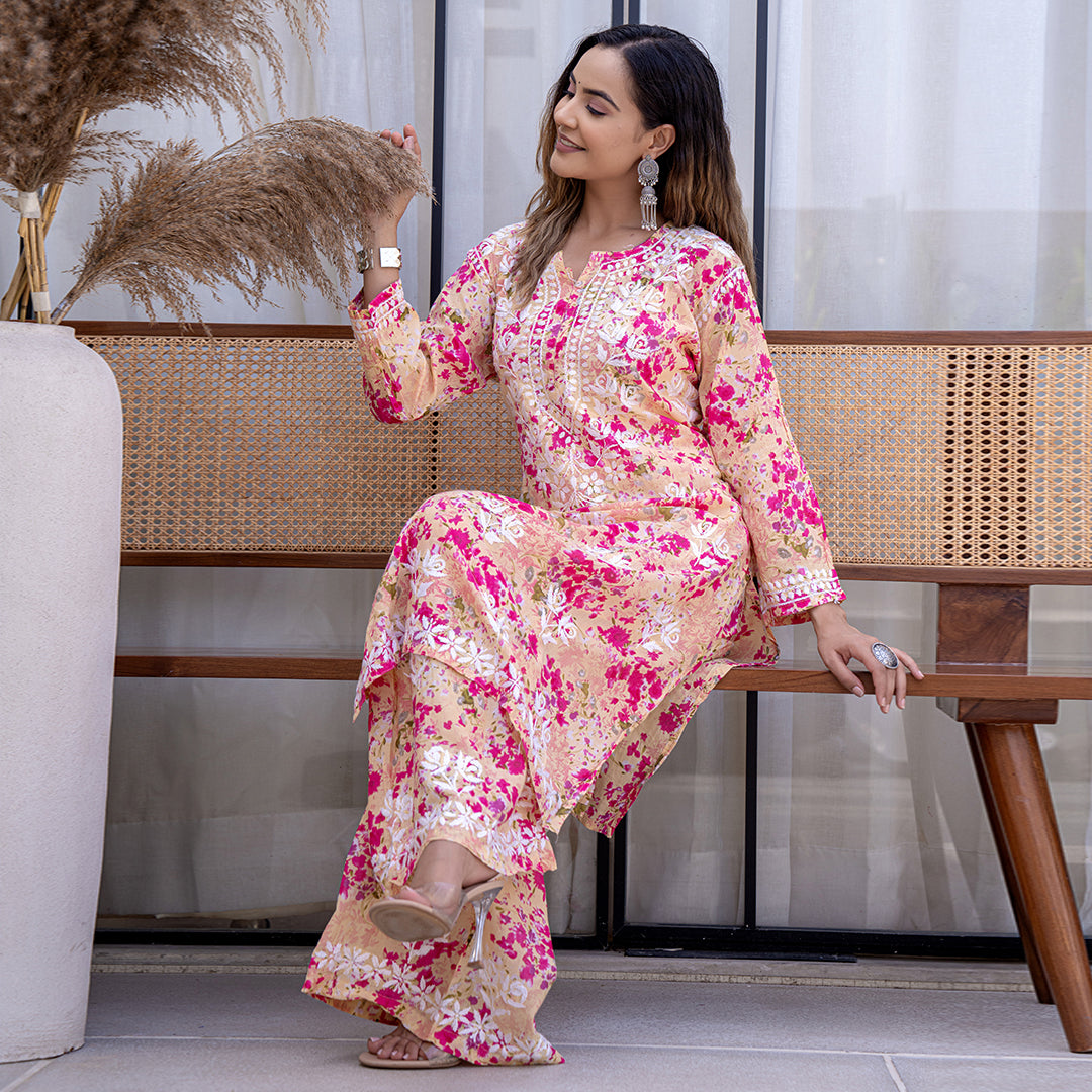 Pink Printed Hand-Chikankari  Cotton Co-ord  Set