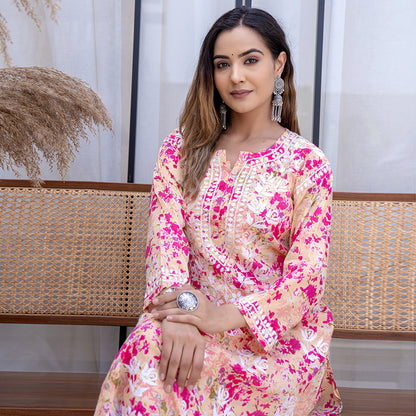 Pink Printed Hand-Chikankari  Cotton Co-ord  Set