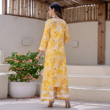 Blossom Yellow Printed Hand-Chikankari Cotton Co-ord  Set