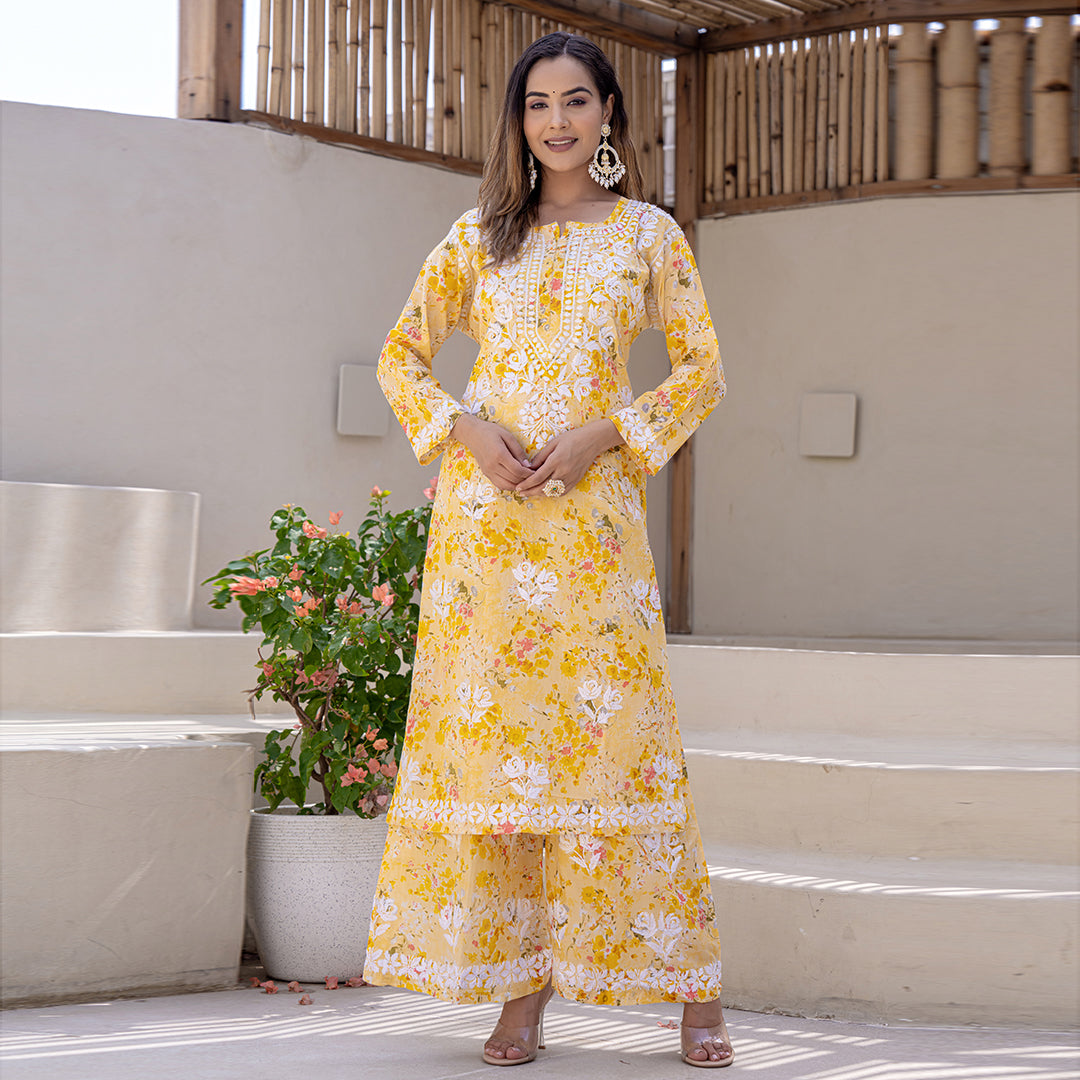 Blossom Yellow Printed Hand-Chikankari Cotton Co-ord  Set