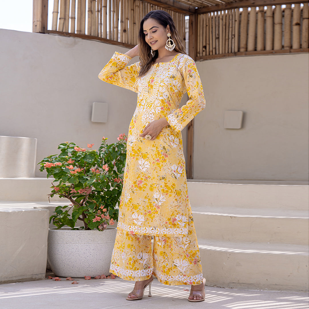 Blossom Yellow Printed Hand-Chikankari Cotton Co-ord  Set