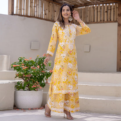 Blossom Yellow Printed Hand-Chikankari Cotton Co-ord  Set