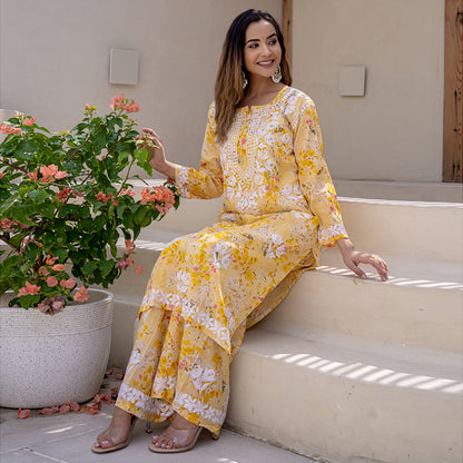 Blossom Yellow Printed Hand-Chikankari Cotton Co-ord  Set