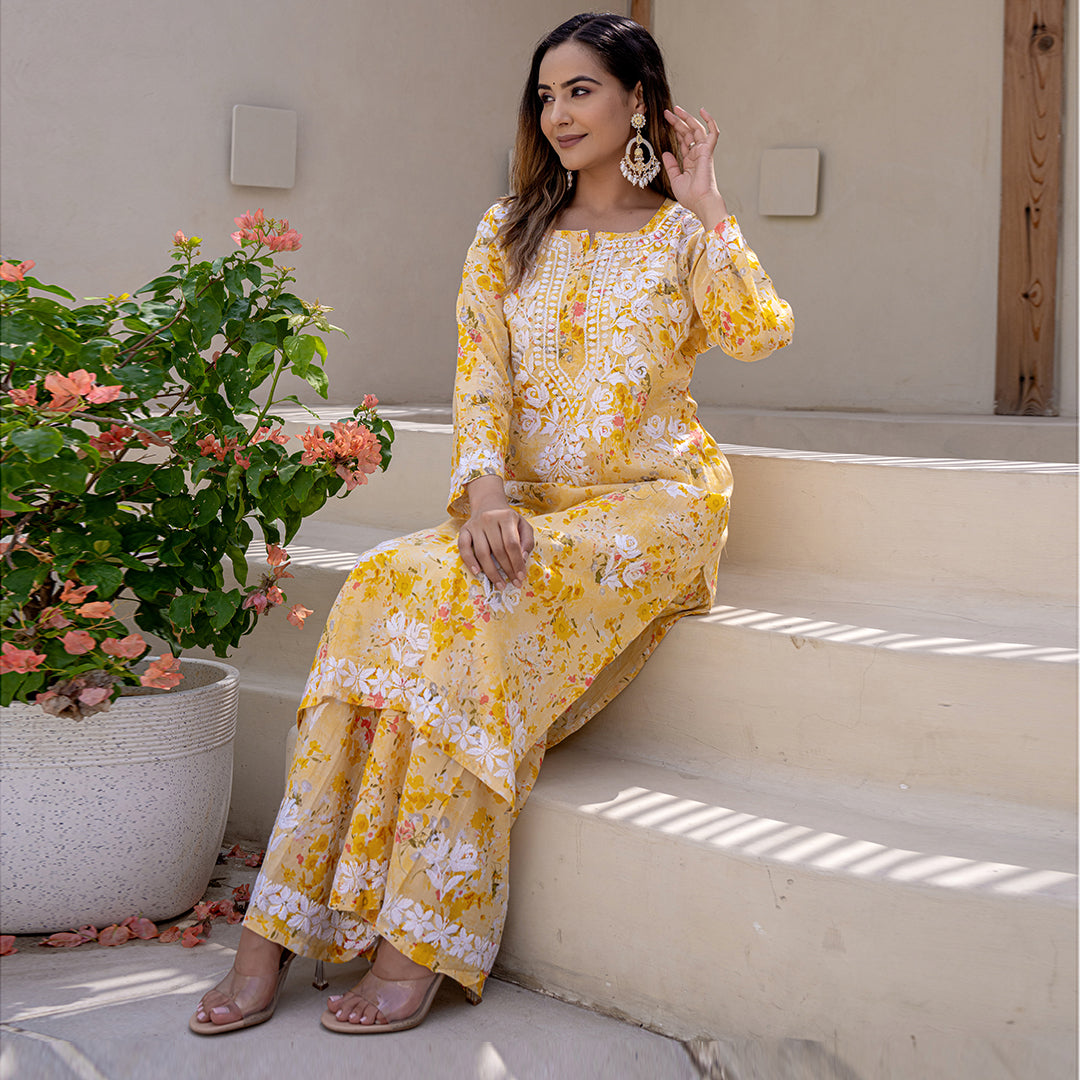 Blossom Yellow Printed Hand-Chikankari Cotton Co-ord  Set