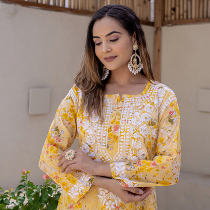 Blossom Yellow Printed Hand-Chikankari Cotton Co-ord  Set