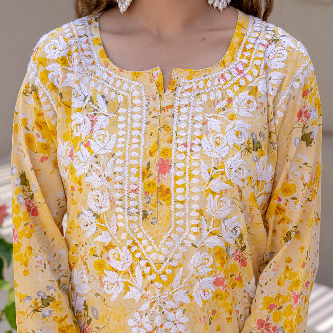 Blossom Yellow Printed Hand-Chikankari Cotton Co-ord  Set