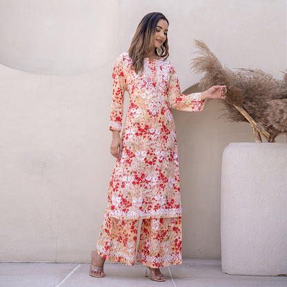 Grapefruit Red Printed Hand-Chikankari Cotton Co-ord  Set