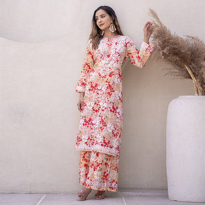 Grapefruit Red Printed Hand-Chikankari Cotton Co-ord  Set