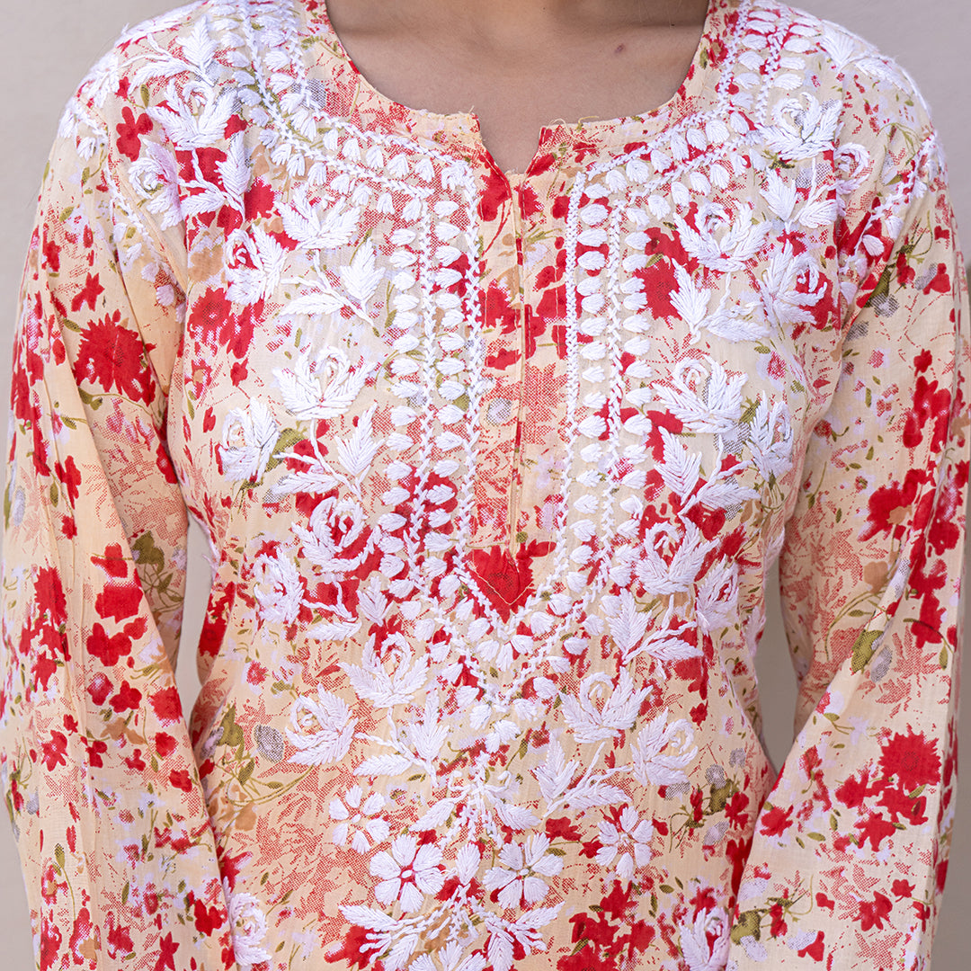 Grapefruit Red Printed Hand-Chikankari Cotton Co-ord  Set