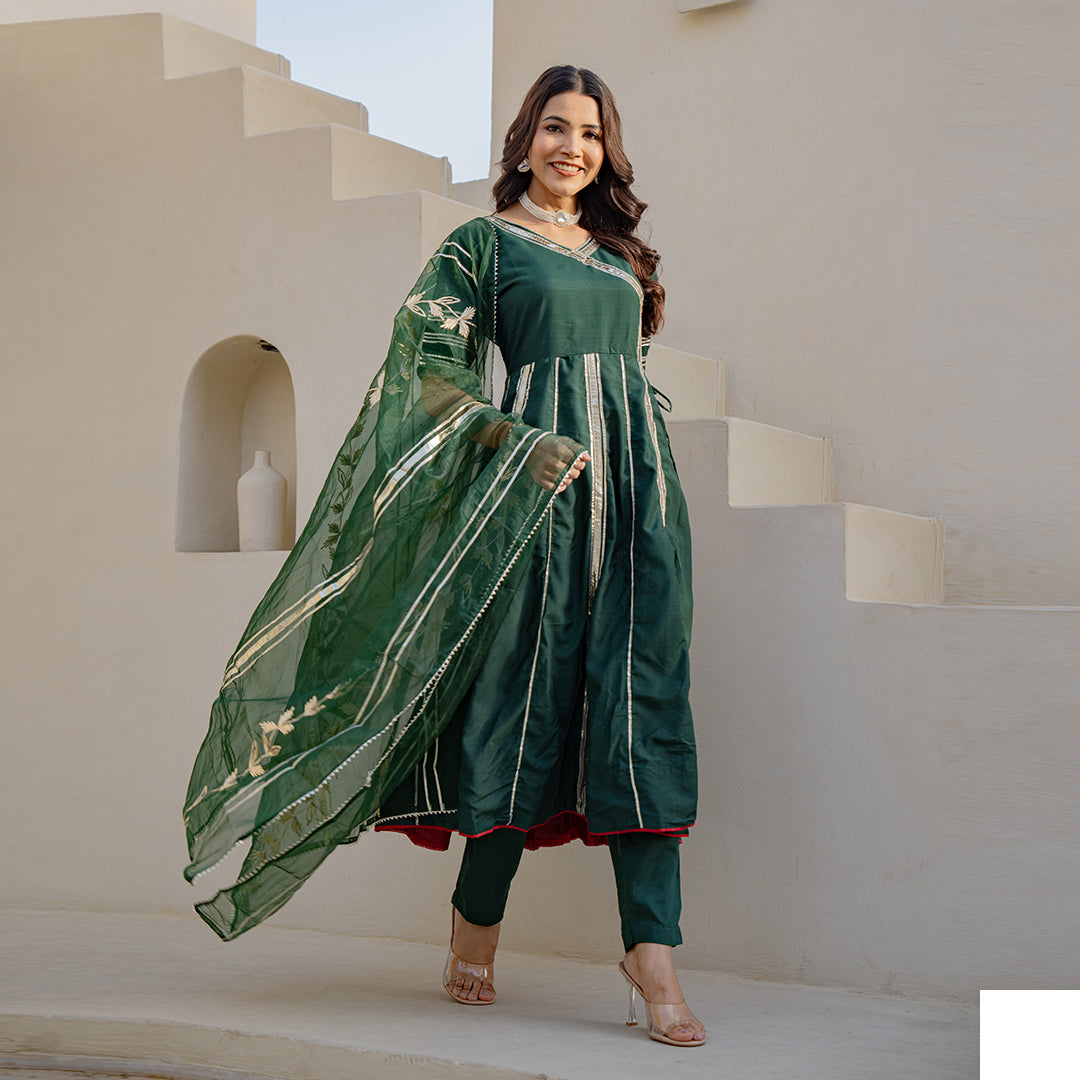 Forest Green Gotta Patti Angrakha Muslin Cotton Festive Suit