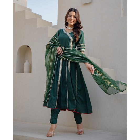 Forest Green Gotta Patti Angrakha Muslin Cotton Festive Suit