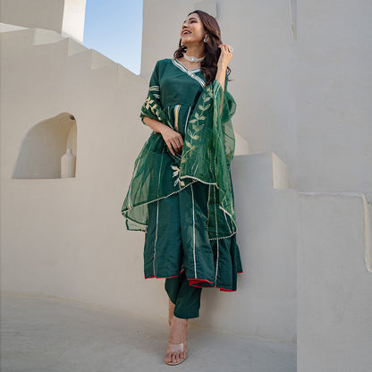 Forest Green Gotta Patti Angrakha Muslin Cotton Festive Suit