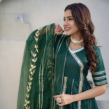 Forest Green Gotta Patti Angrakha Muslin Cotton Festive Suit