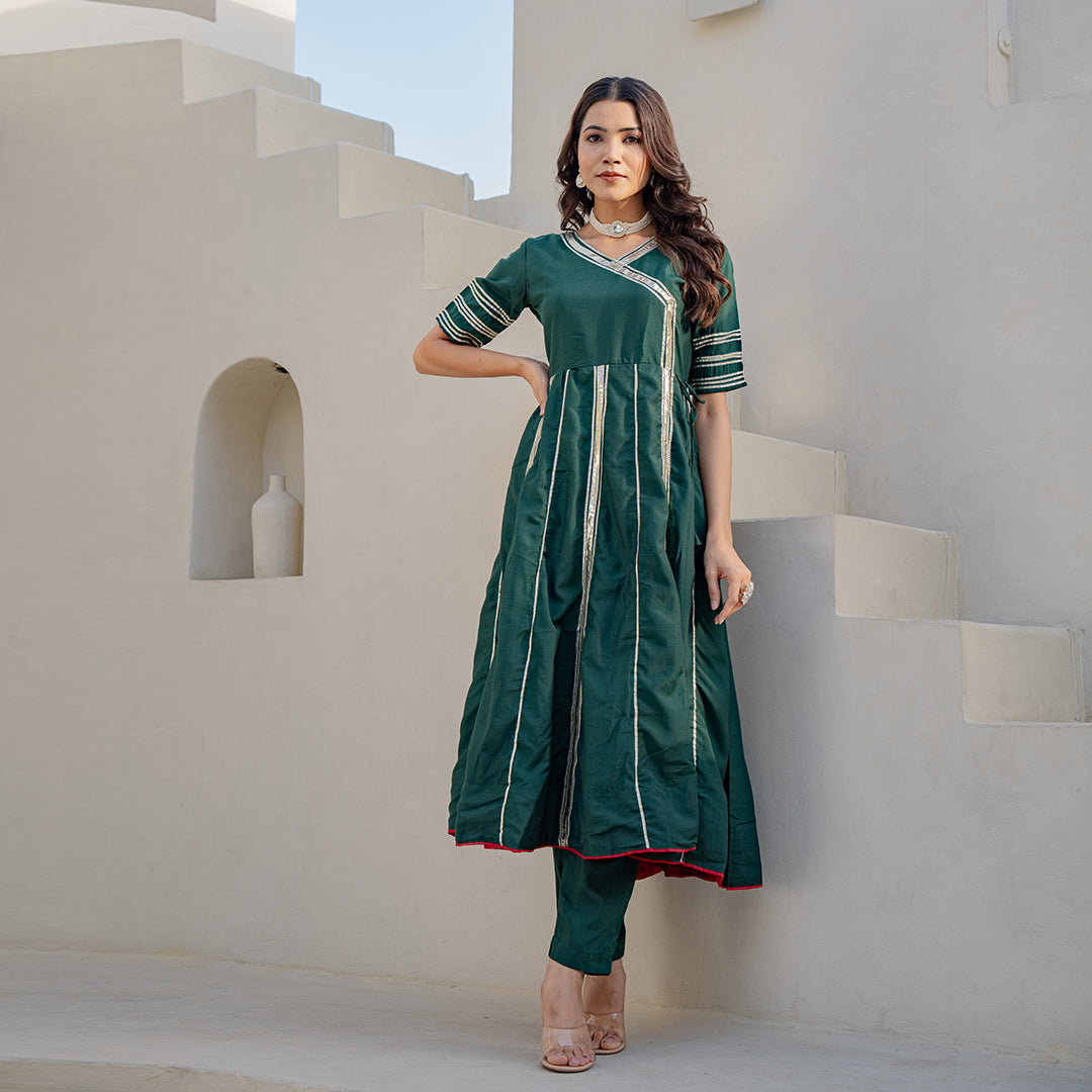 Forest Green Gotta Patti Angrakha Muslin Cotton Festive Suit