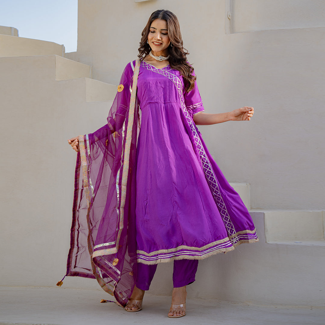 Lavender Gotta Patti Angrakha  Muslin Cotton Festive Suit