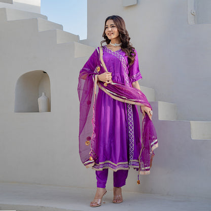 Lavender Gotta Patti Angrakha  Muslin Cotton Festive Suit