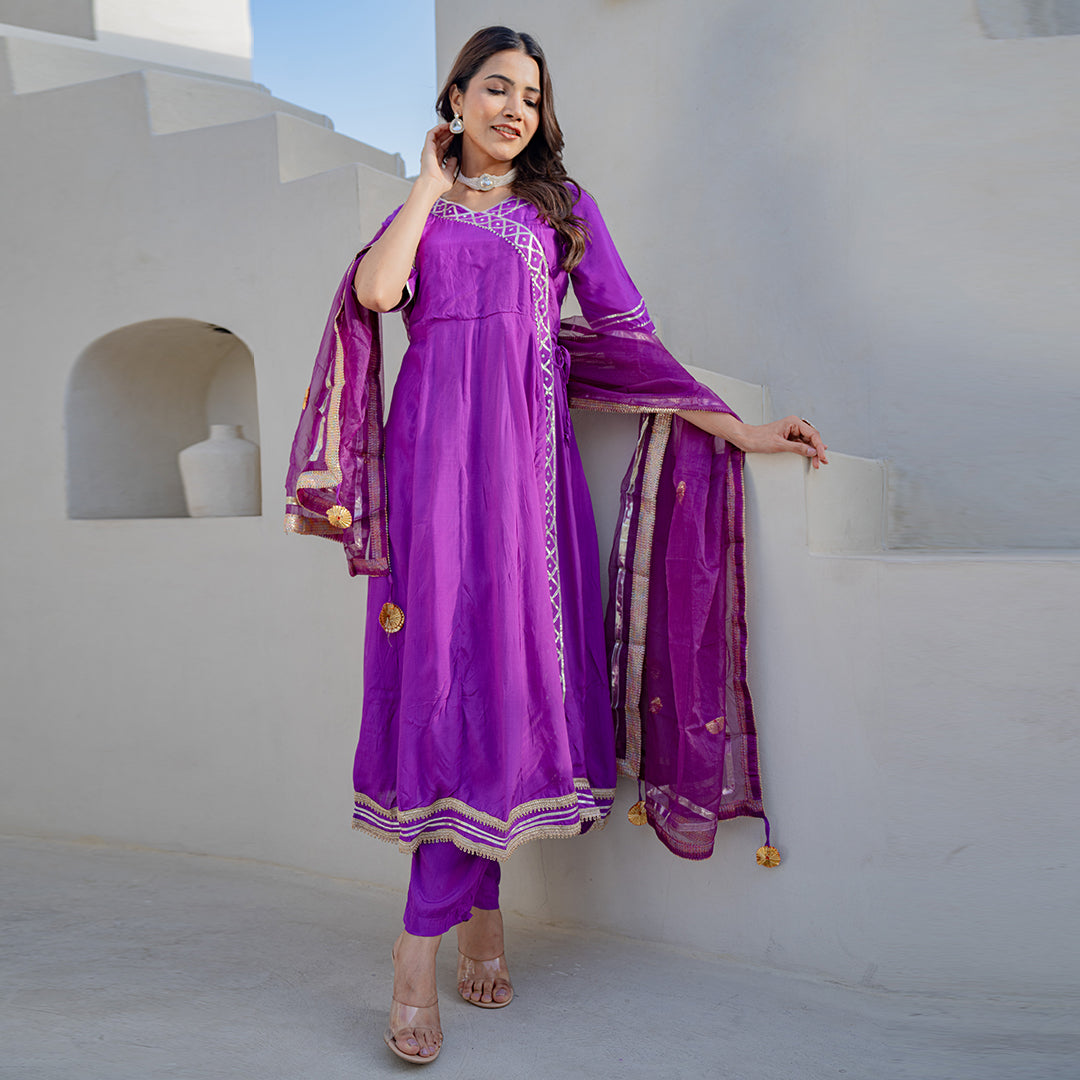 Lavender Gotta Patti Angrakha  Muslin Cotton Festive Suit