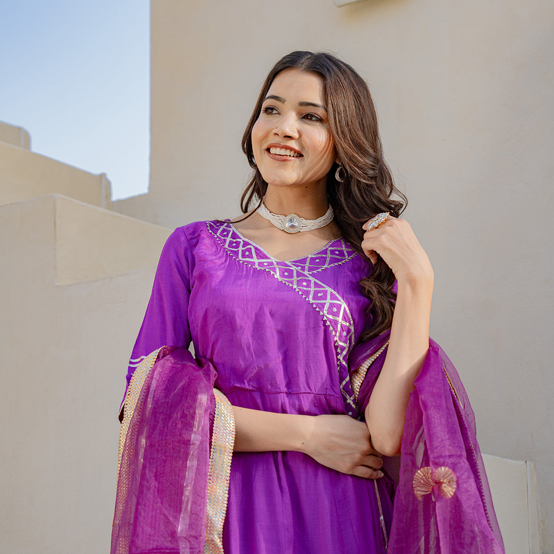 Lavender Gotta Patti Angrakha  Muslin Cotton Festive Suit