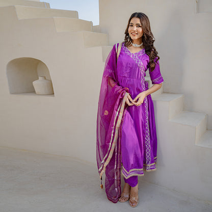 Lavender Gotta Patti Angrakha  Muslin Cotton Festive Suit