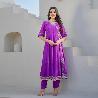 Lavender Gotta Patti Angrakha  Muslin Cotton Festive Suit